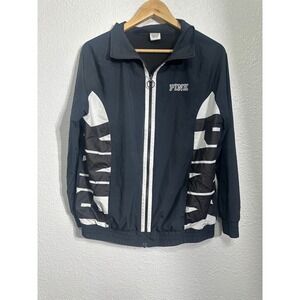PINK Victoria's Secret Womens Windbreaker Jacket Black White Logo Zip XS/S
